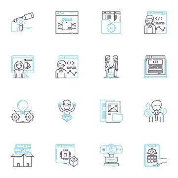 Software engineering linear icons set. Coding, Algorithms, Testing, Deployment Stock Illustration