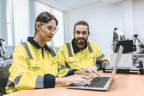 Software engineering team working together in robotic technology lap for re.. Stockfoto's