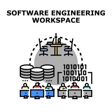 Software engineering workspace designing coding development Illustrazione stock