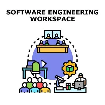 Software engineering workspace developing innovative digital solutions Stock Illustration