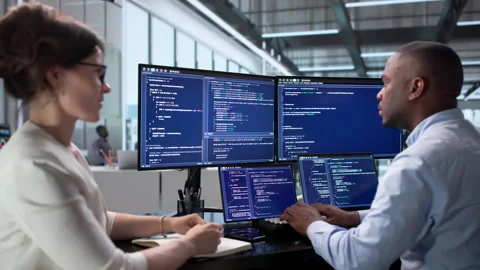 Software Engineers Collaborate Closely While Coding Secure Data Systems Stock Footage 342975008