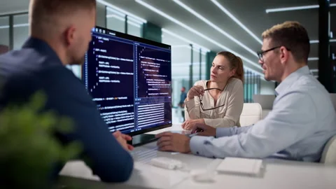 Software Engineers Collaborating On Secure Data Coding Video stock 338169011