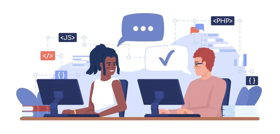 Software engineers cooperation 2D vector isolated illustration Illustrazione stock