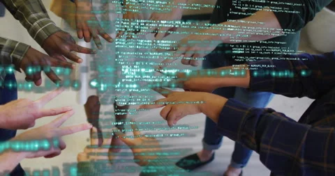 Software engineers joining inward, hands pointing toward center for team coding Stock Footage 315542287