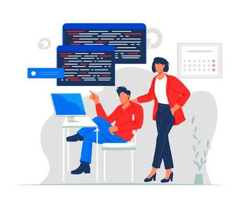 Software engineers or developers coding and testing a computer program, flat  Stock Illustration