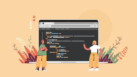 Software engineers programmers working on project using laptop developing coding Illustrazione stock