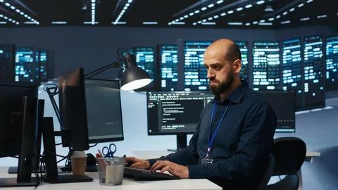 Software expert upgrading server clusters, networking systems and storage arrays Stock Photos