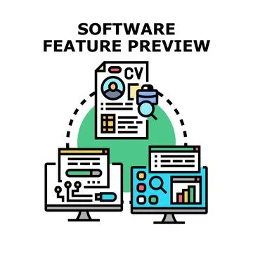 Software feature preview concept with documents and monitors Illustrazione stock