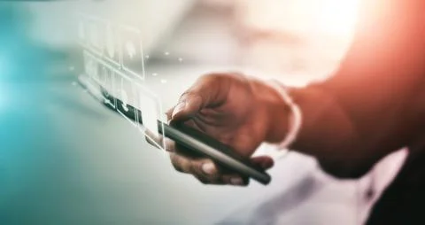 Software hologram, technology abstract and hands with phone for networking Stock Photos