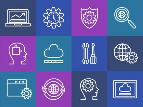 Software icons. Computer technology. Web security shield. Global network conn Illustrazione stock