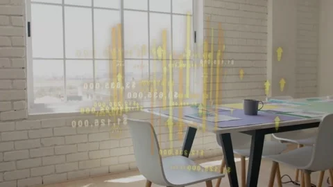 Software initiating yellow data overlay appearing over window and table, showing Stock Footage 333192920