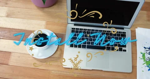 Software installation being visualized in 3D render workspace with laptop, Stock Footage 307450484