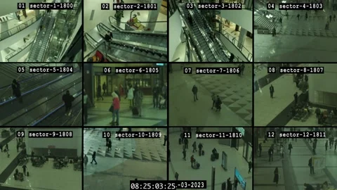Software interface, CCTV split screen multicam surveillance monitors. Video Stock Footage 236507883