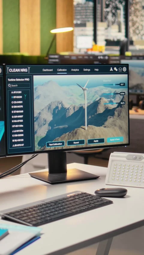 Software interface on PC used for planning wind farm layouts Stock Footage 315415731