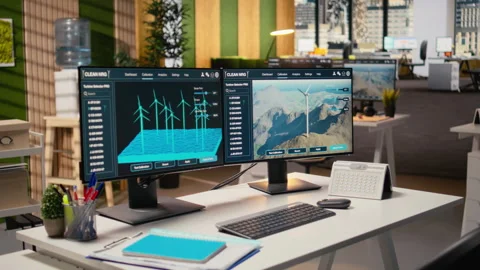 Software interface on PC used for planning wind farm layouts Stock Footage 315614662