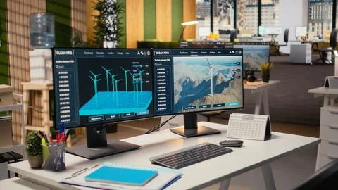 Software interface on PC used for planning wind farm layouts Stock Photos