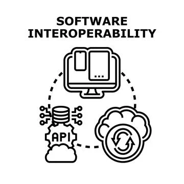 Software interoperability illustrates systems communicating through apis, ena Stock Illustration