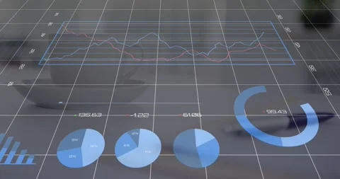 Software launching AR dashboard on white desk, animating finance bar, pie, line Stock Footage 318545157