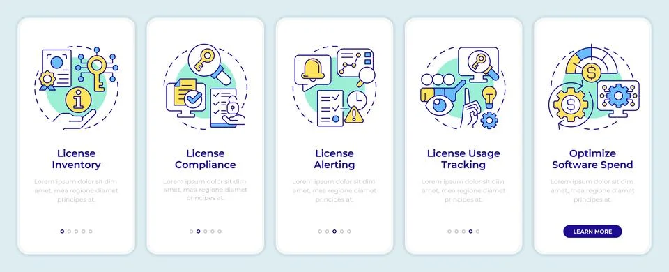 Software license key features onboarding mobile app screen Illustrazione stock