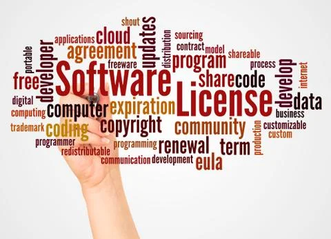 Software License word cloud and hand with marker concept Stock Photos