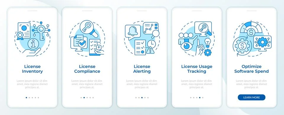 Software licensing features blue onboarding mobile app screen Stock Illustration