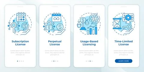 Software licensing types blue onboarding mobile app screen Stock Illustration