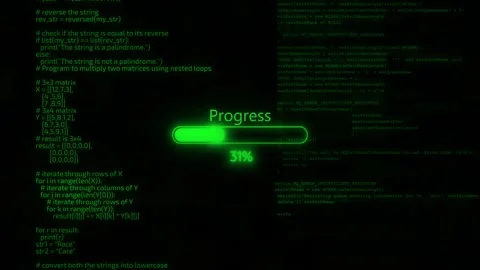 Software loading progress interface visual green bar, programming script layers, Stock Footage 340571680