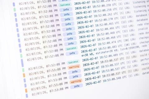 Software log screen displaying system diagnostic events with success and 写真素材