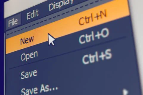 Software menu item with file-new command Stock Photos