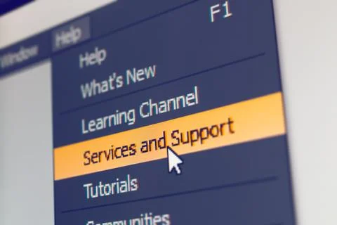 Software menu item with support and service command Stock Photos