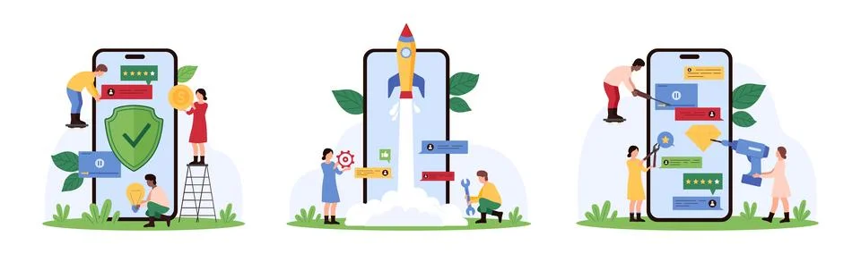 Software, mobile app development process set, tiny people launch rocket, repair Stock Illustration