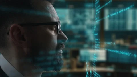 Software online network developer is working with pc. Senior coder programming Stock Footage 239074162