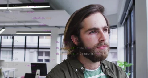 Software professional gazing out window as HTML code starting scrolling Stock Footage 314334425