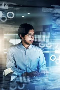 Software, programmer and man with glasses, night and typing for information Stock Photos