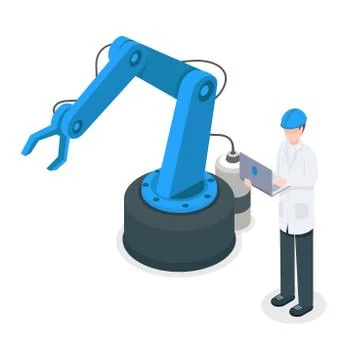 Software programmer controlling robotic factory crane. Programmed industrial Ilustração Stock