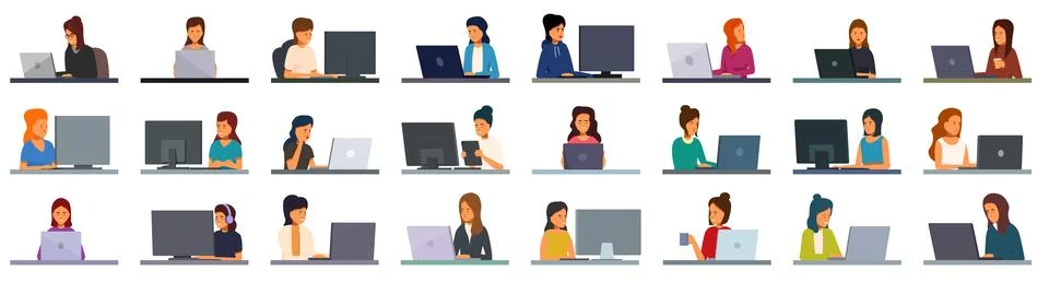 Software programmer girl icons set cartoon vector. It profession Stock-Illustration