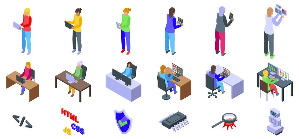 Software programmer girl vector. A series of people working on computers, with Stock-Illustration