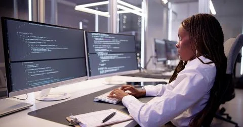 Software Programmer Or Coder Woman Stockfoto's