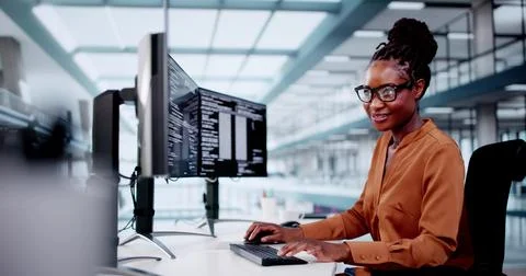 Software Programmer Or Coder Woman Using Office Computer Stock Photos