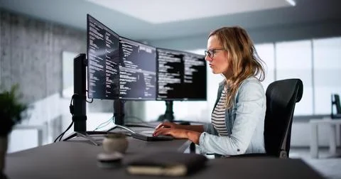 Software Programmer Or Coder Woman Stockfoto's