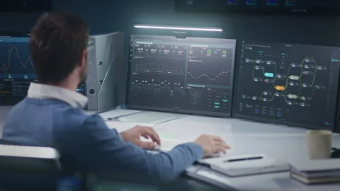 Software programmer sits in front of computer with big data server Stock Footage 244412986