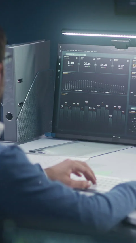 Software programmer sits in front of computer with big data server Stock Footage 276096752
