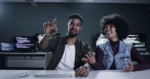 Software programmer, virtual screen and happy people talk about HTML script Stock Footage 260859658