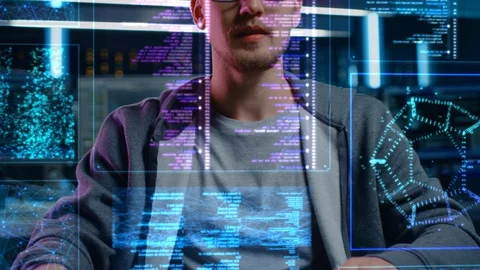 Software Programmer Working on Computer with Neural Networking, Machine Learning Stock Footage 126825533