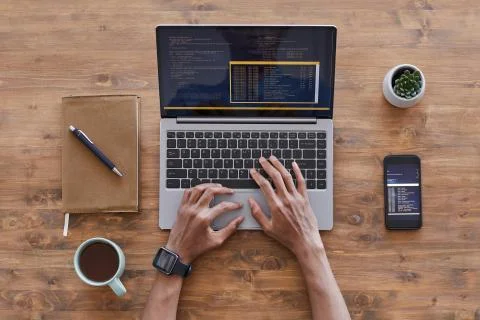 Software Programmer Writing Code Top View Stock Photos