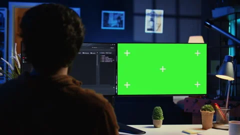 Software programmer writing lines of code on chroma key computer at home Stock Footage 265620055