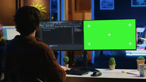 Software programmer writing lines of code on chroma key computer at home Stock Footage 265620753