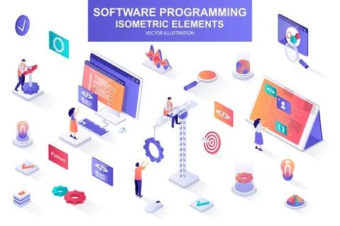 Software programming bundle of isometric elements. 库存插图