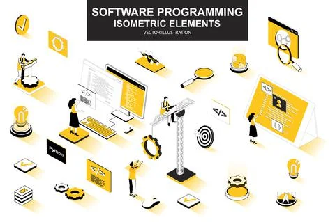 Software programming bundle of isometric elements. Program languages, developer Stock Illustration