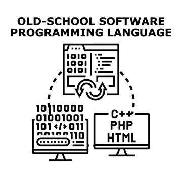 Software programming language development process with coding screens Illustration